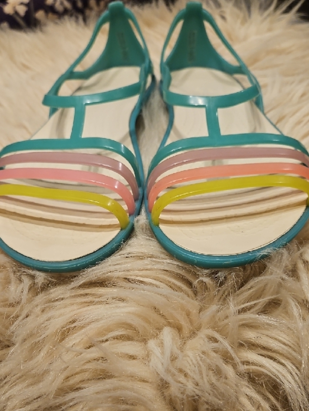 CROCS Teal Jelly Sandals with Pastel Stripe Accents - Picture 7 of 8